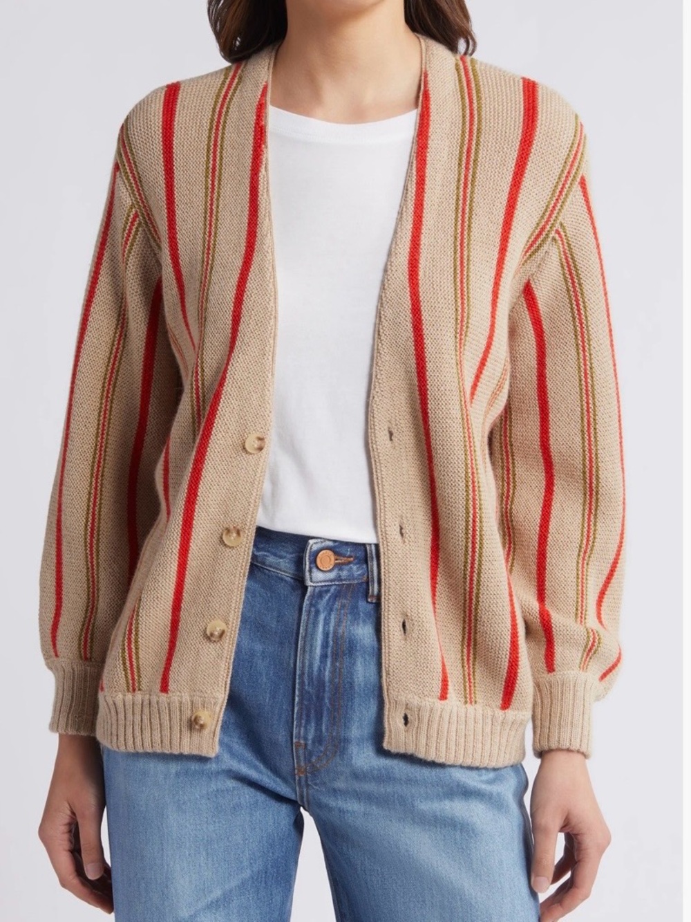 NWOT Preppy Striped  Button Front Cardigan Small Tan Academia Collegiate